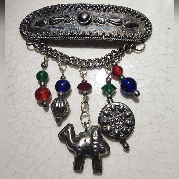 Egyptian Revival Moroccan large charm brooch, camel, medallion, beads dangle - Picture 3 of 8